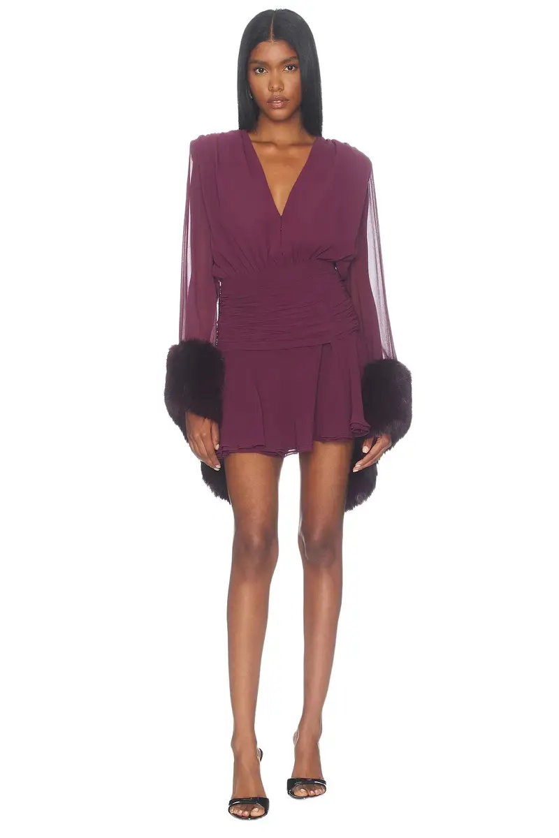 Bronx and Banco Chiffon & Faux Fur Long Sleeve Vneck Mini Dress