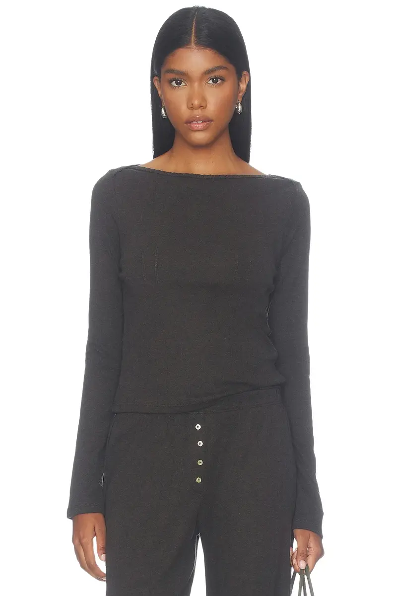 LESET Pointelle Long Sleeve Bateau Top