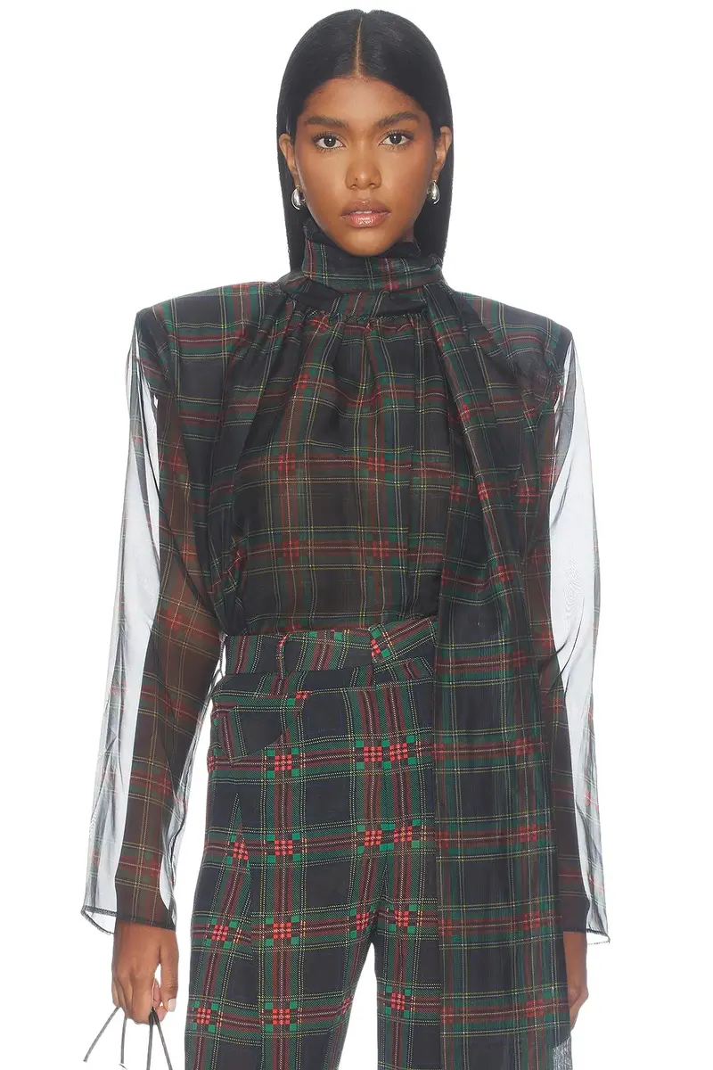 Bronx and Banco Plaid Long Sleeve Organza Blouse with Tie