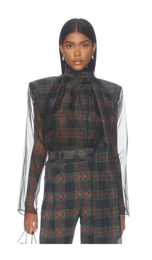Bronx and Banco Plaid Long Sleeve Organza Blouse with Tie