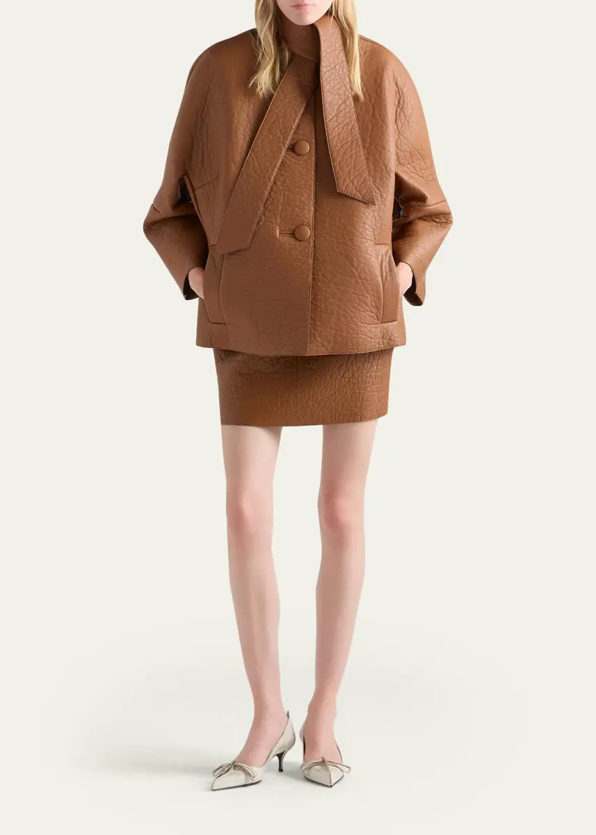 Prada Scarf-Neck Leather Structured Jacket | Thumbnail 2 Prada Scarf-Neck Leather Structured Jacket | Thumbnail 2