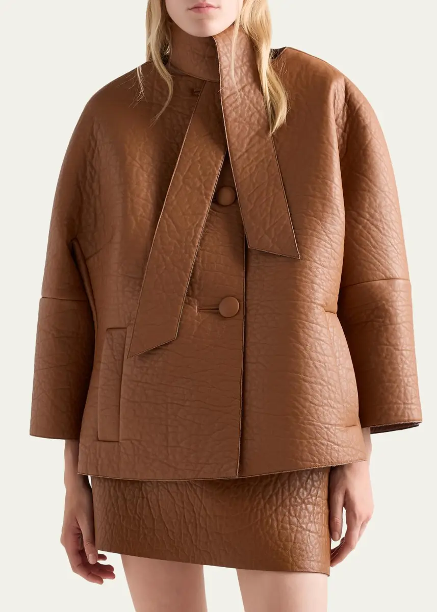 Prada Scarf-Neck Leather Structured Jacket | Thumbnail 4 Prada Scarf-Neck Leather Structured Jacket | Thumbnail 4