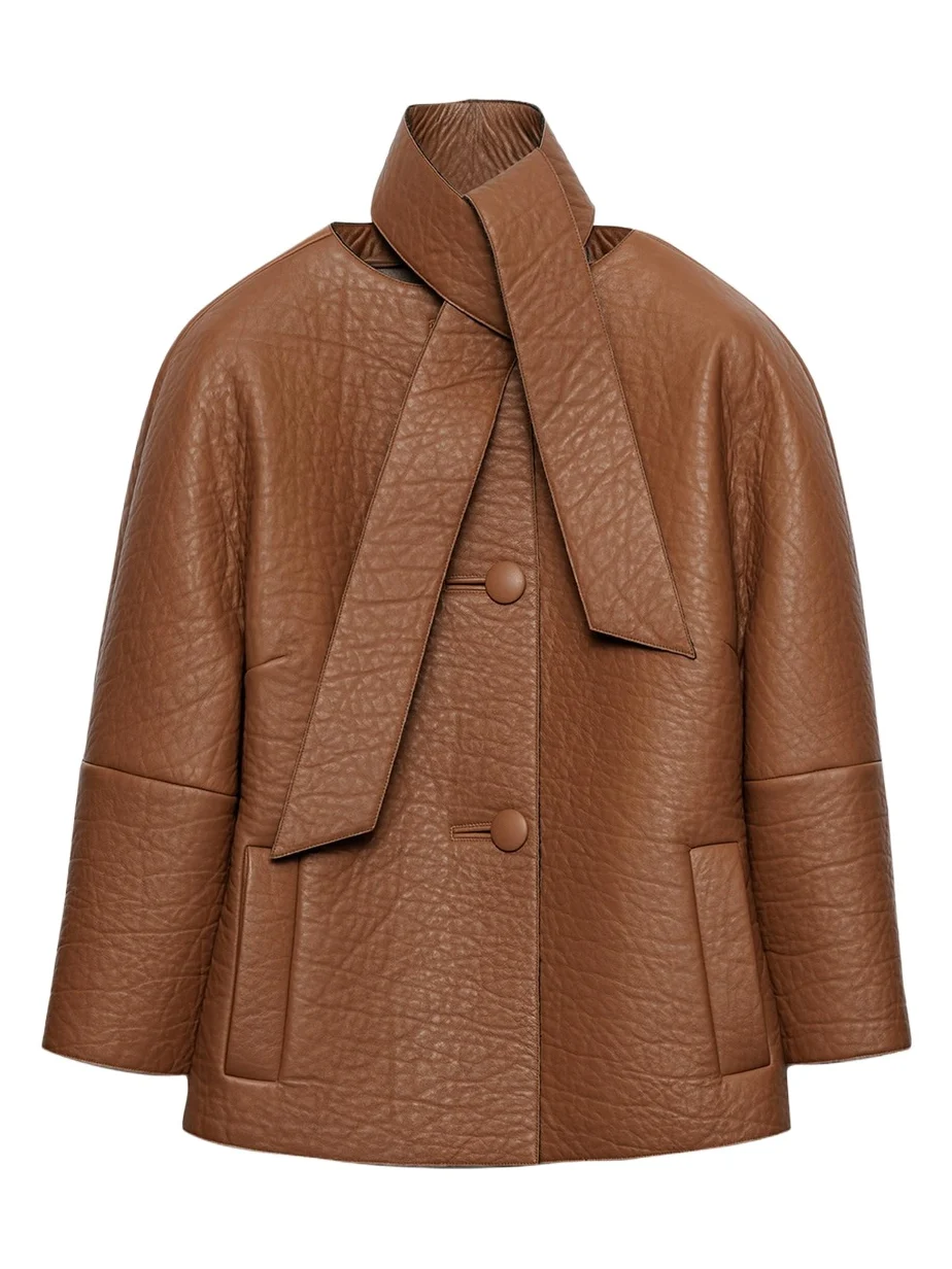 Scarf-Neck Leather Structured Jacket