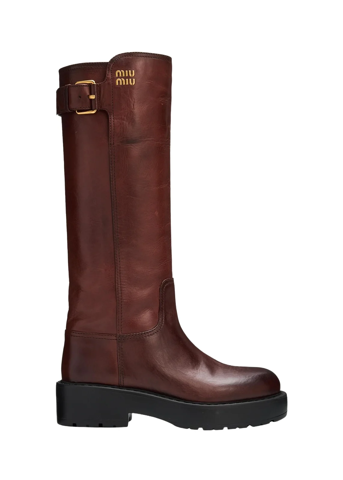 Miu Miu 55mm Lug-Sole Leather Knee-High Boots