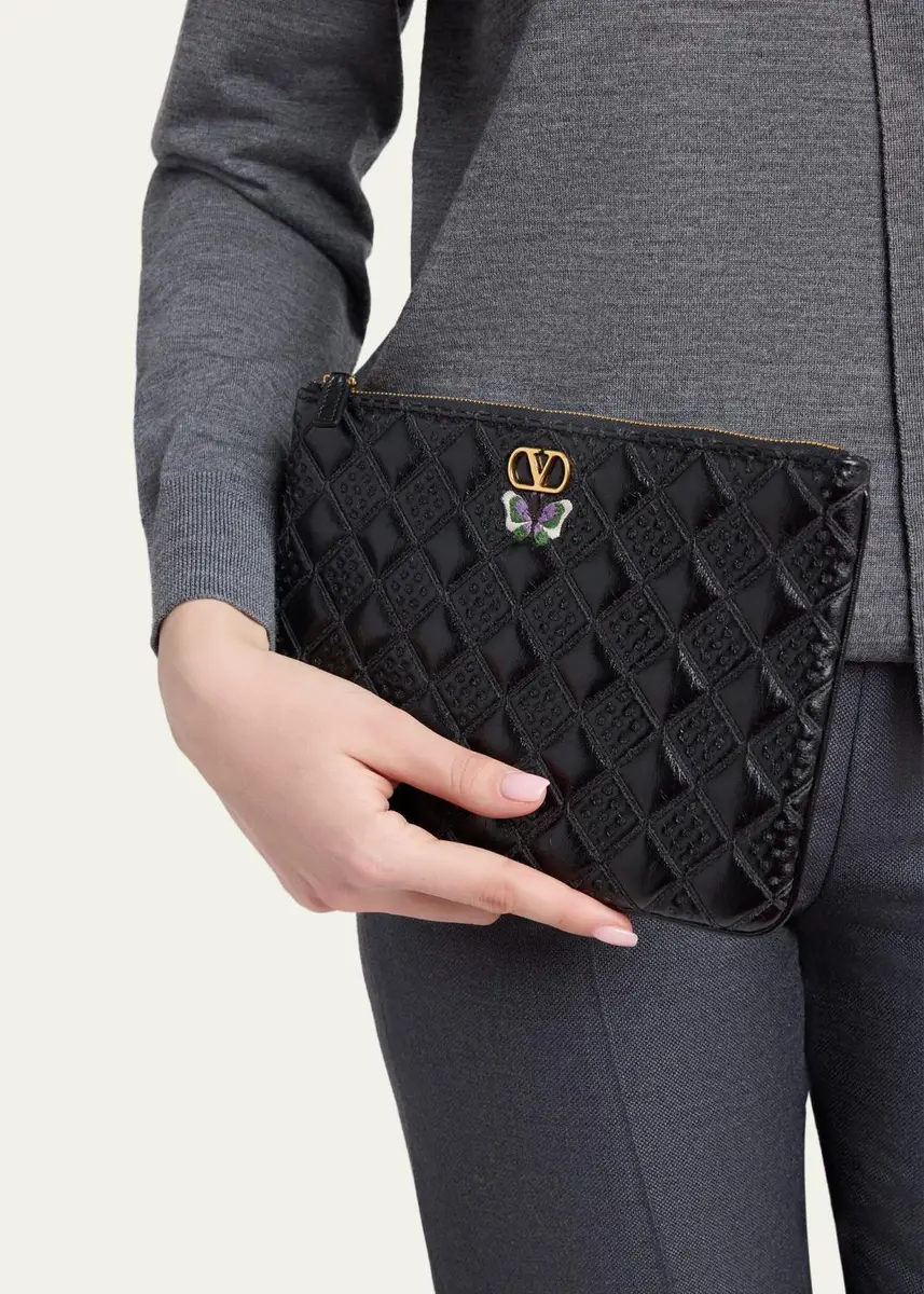 Valentino Garavani Butterfly-Embroidered Quilted Leather Clutch Bag | Thumbnail 2