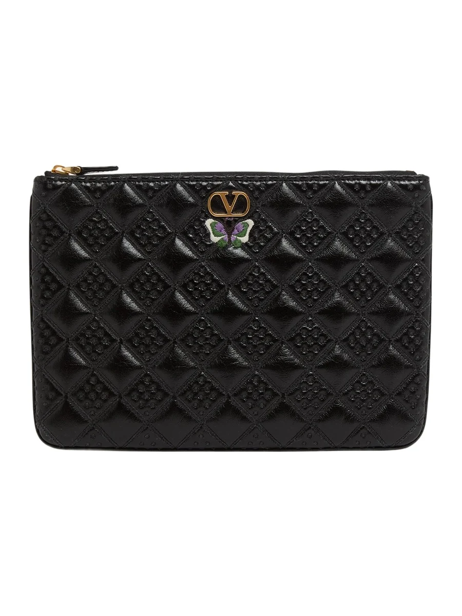 Butterfly-Embroidered Quilted Leather Clutch Bag