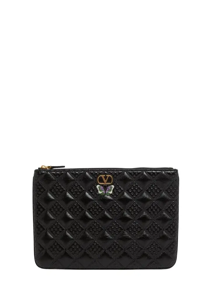 Butterfly-Embroidered Quilted Leather Clutch Bag Butterfly-Embroidered Quilted Leather Clutch Bag