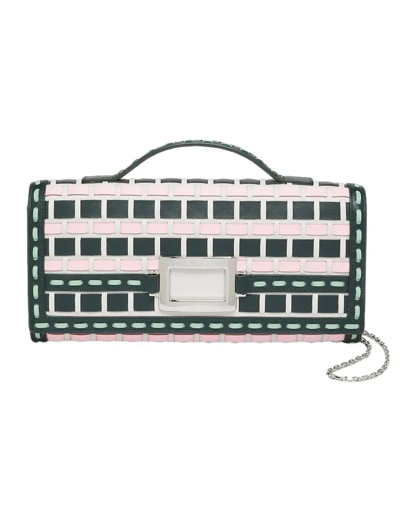 Belle Vivier Leather-Woven Clutch Bag