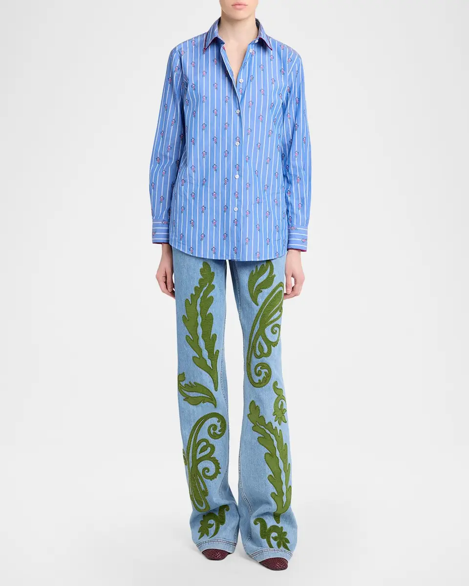 Etro Floral Embroidered Striped Cotton Button-Down Shirt | Thumbnail 2 Etro Floral Embroidered Striped Cotton Button-Down Shirt | Thumbnail 2