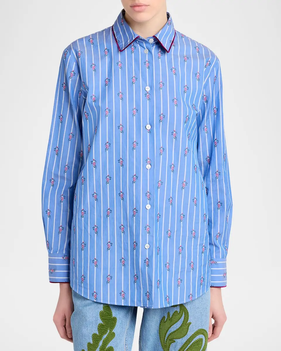 Etro Floral Embroidered Striped Cotton Button-Down Shirt | Thumbnail 4 Etro Floral Embroidered Striped Cotton Button-Down Shirt | Thumbnail 4