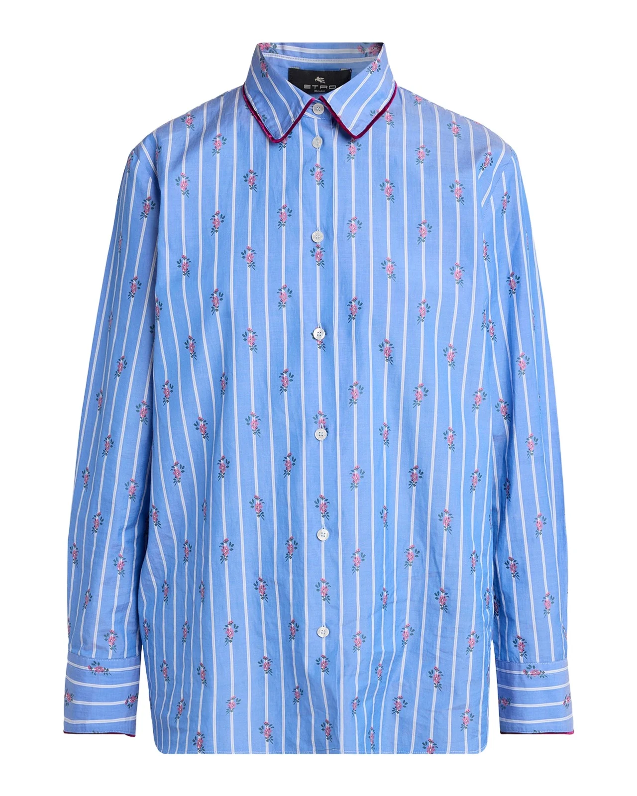 Floral Embroidered Striped Cotton Button-Down Shirt