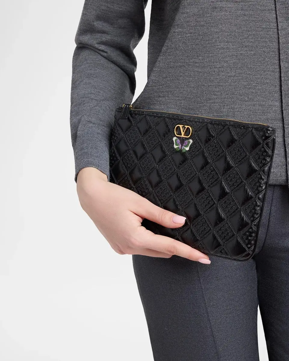 Valentino Garavani Butterfly-Embroidered Quilted Leather Clutch Bag | Thumbnail 2 Valentino Garavani Butterfly-Embroidered Quilted Leather Clutch Bag | Thumbnail 2