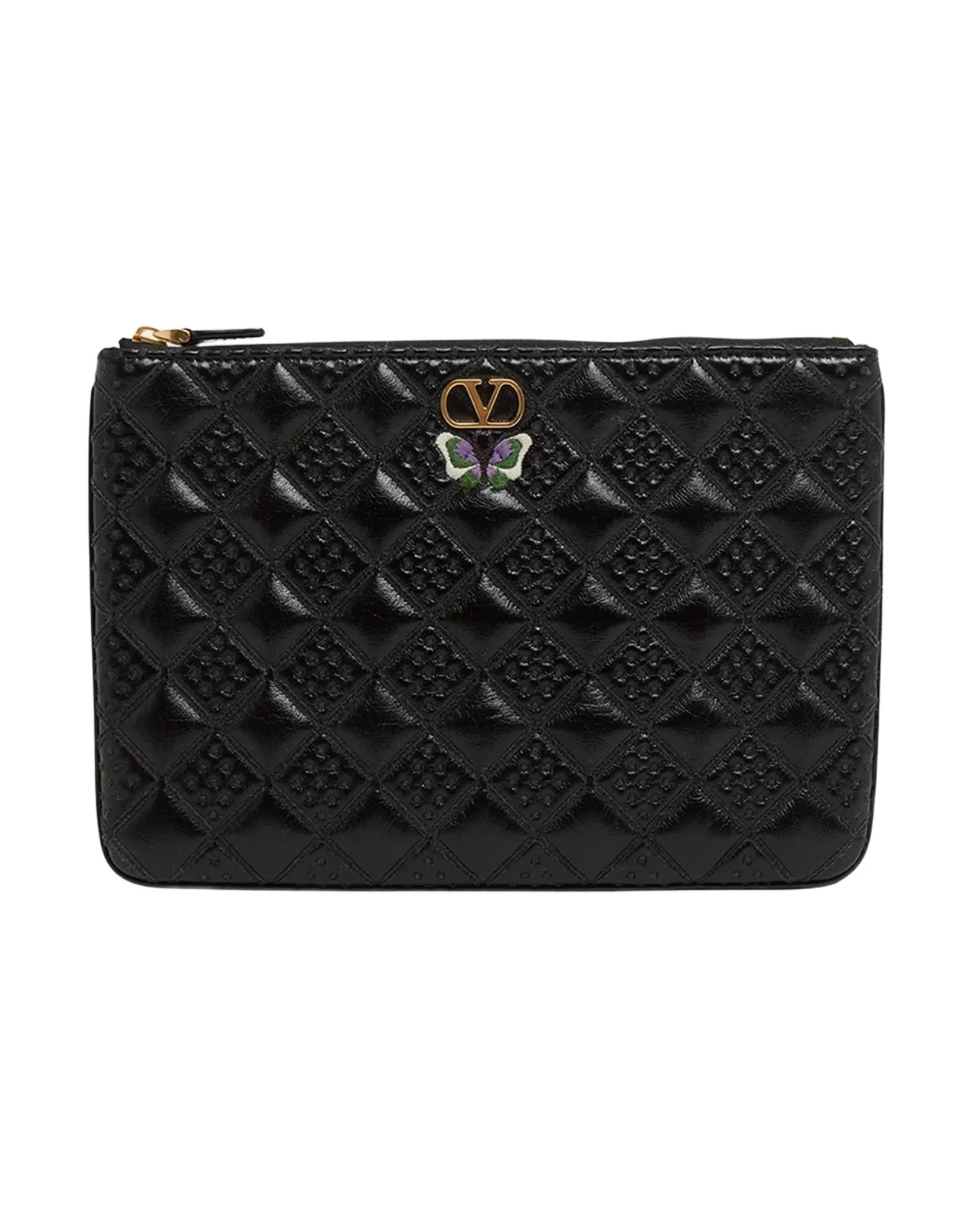 Valentino Garavani Butterfly-Embroidered Quilted Leather Clutch Bag
