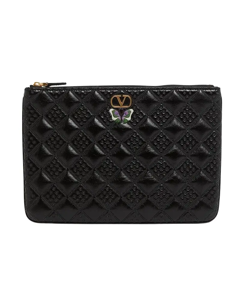 Butterfly-Embroidered Quilted Leather Clutch Bag Butterfly-Embroidered Quilted Leather Clutch Bag