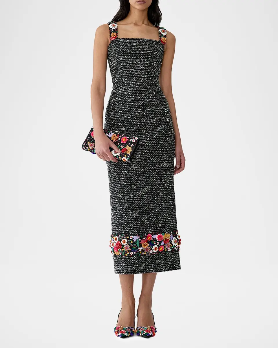 Carolina Herrera Embroidered Tweed Sleeveless Sheath Midi Dress | Thumbnail 2