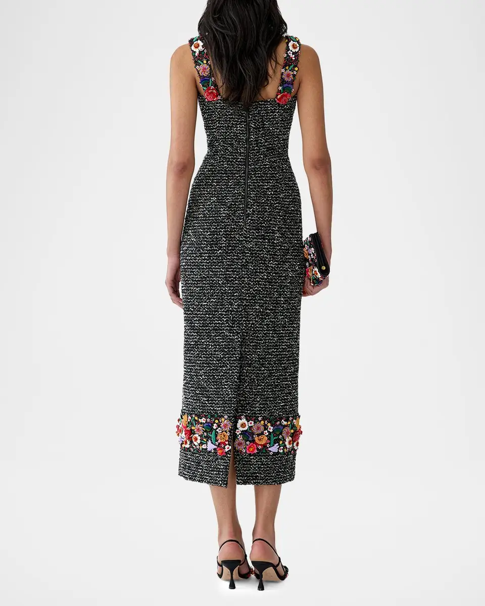 Carolina Herrera Embroidered Tweed Sleeveless Sheath Midi Dress | Thumbnail 3