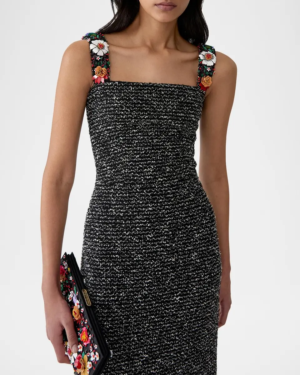Carolina Herrera Embroidered Tweed Sleeveless Sheath Midi Dress | Thumbnail 4