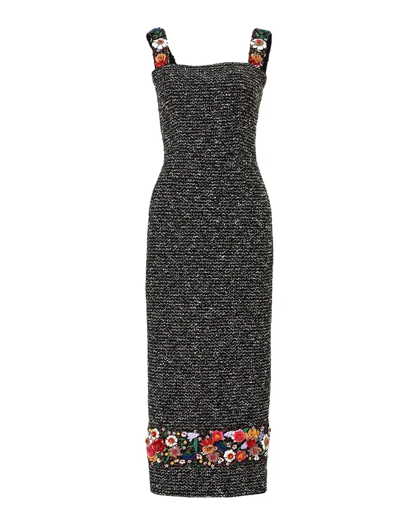 Embroidered Tweed Sleeveless Sheath Midi Dress Embroidered Tweed Sleeveless Sheath Midi Dress