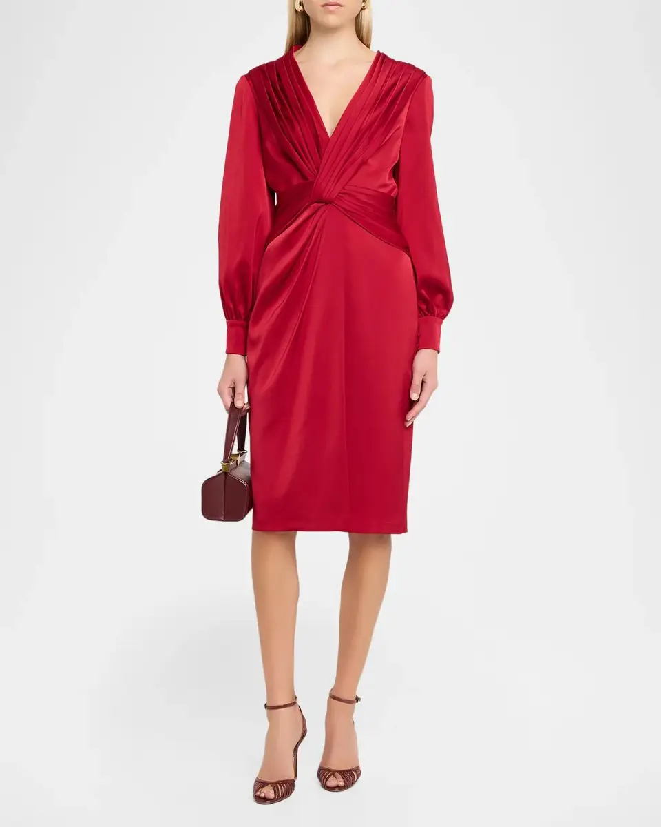 Aidan Mattox Pleated Twist-Front Satin Midi Dress | Thumbnail 2 Aidan Mattox Pleated Twist-Front Satin Midi Dress | Thumbnail 2