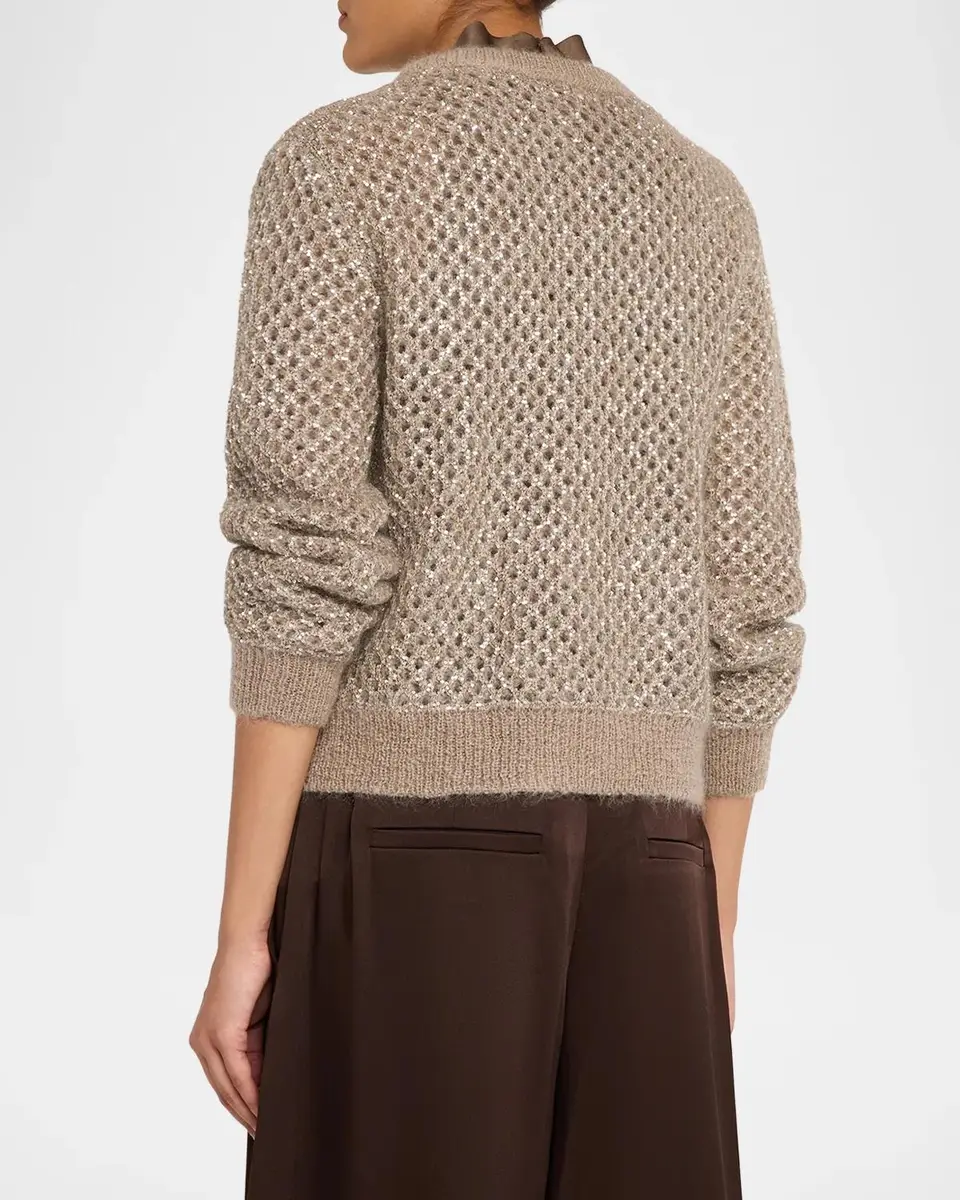Brunello Cucinelli Flicker Mohair Mesh Diamante Knit Cardigan | Thumbnail 3