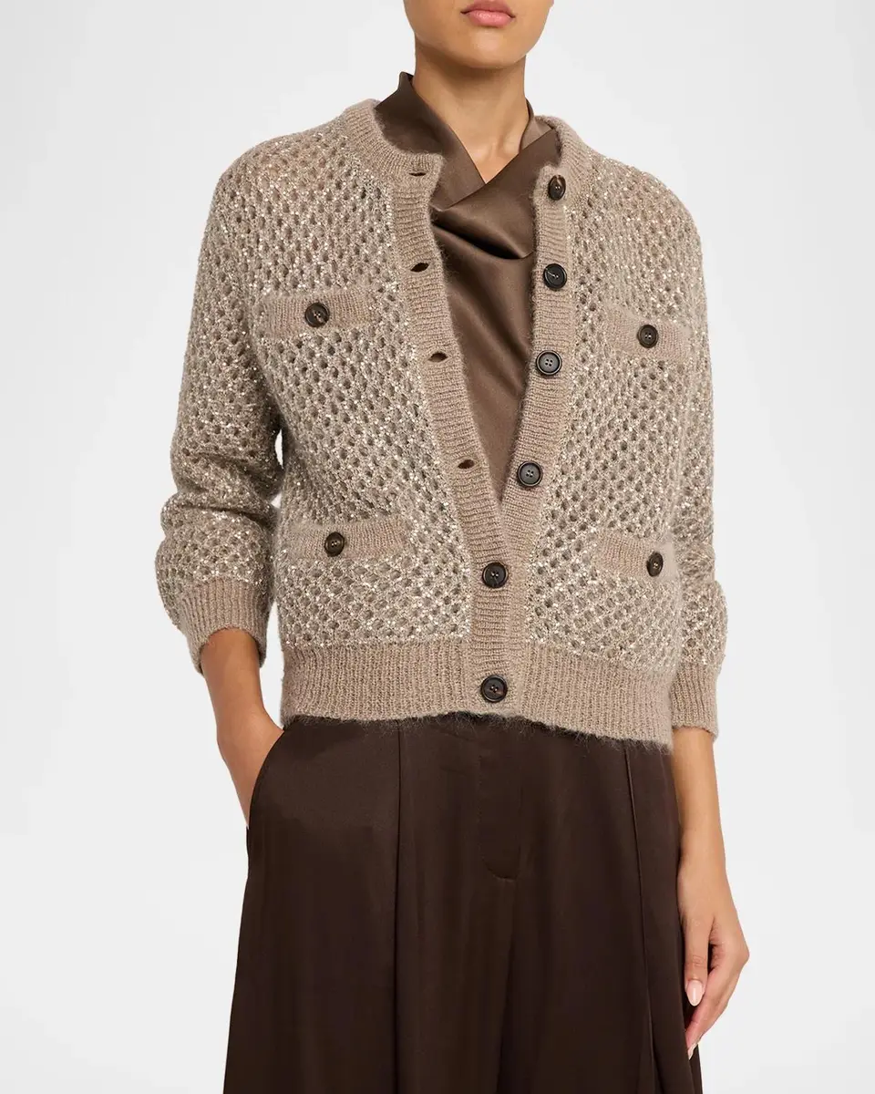 Brunello Cucinelli Flicker Mohair Mesh Diamante Knit Cardigan | Thumbnail 4