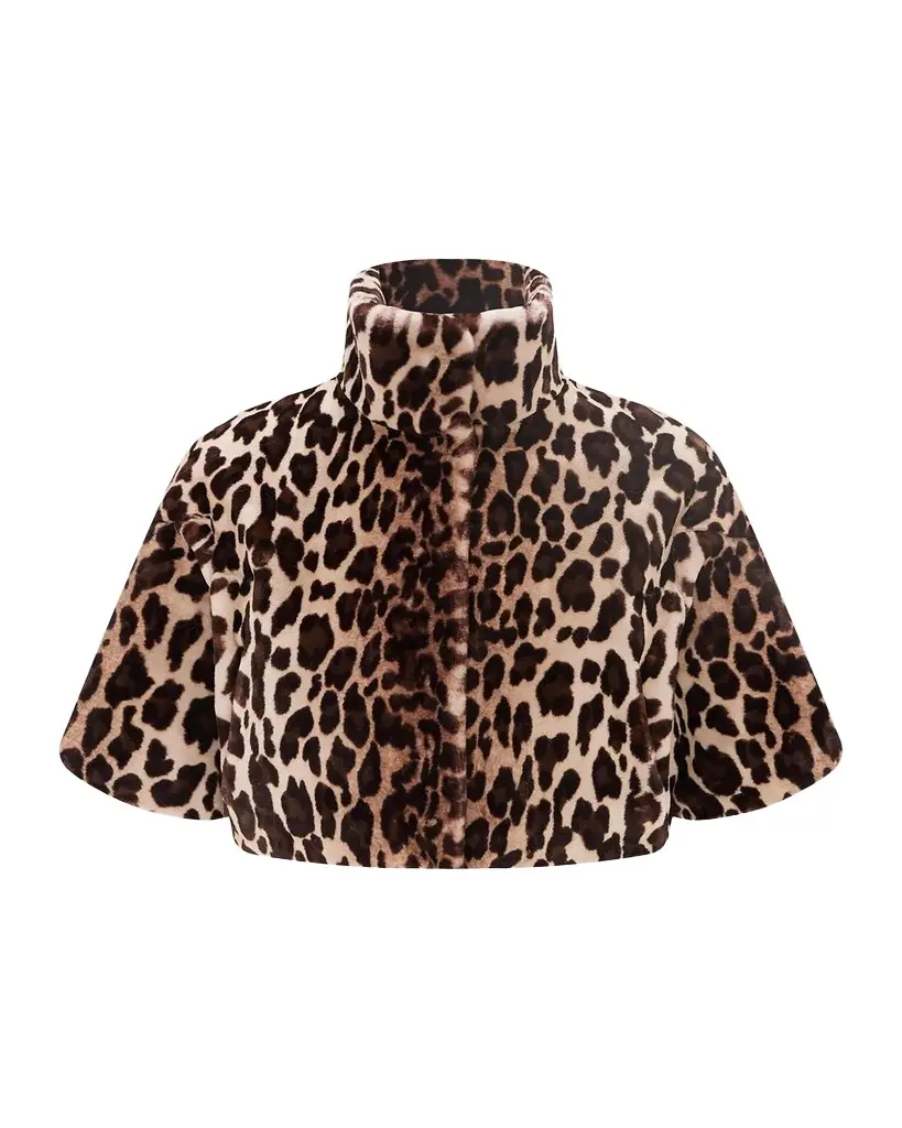Lyla Grant Leopard-Print Faux-Fur Sheared Mink Bolero With Short Sleeves