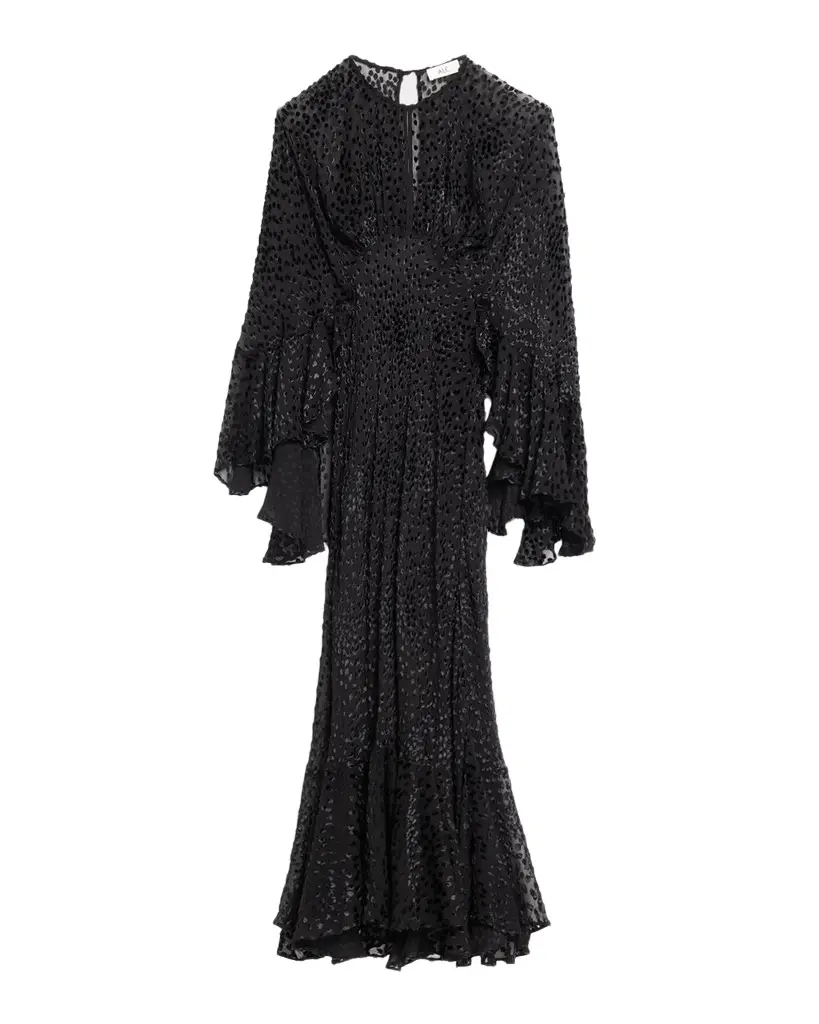 Uma Flock Dot-Printed Ruffled Maxi Dress