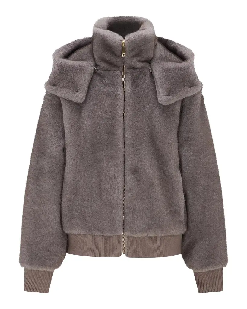 Faux-Fur Mink Hooded Jacket With Knit Trim Faux-Fur Mink Hooded Jacket With Knit Trim