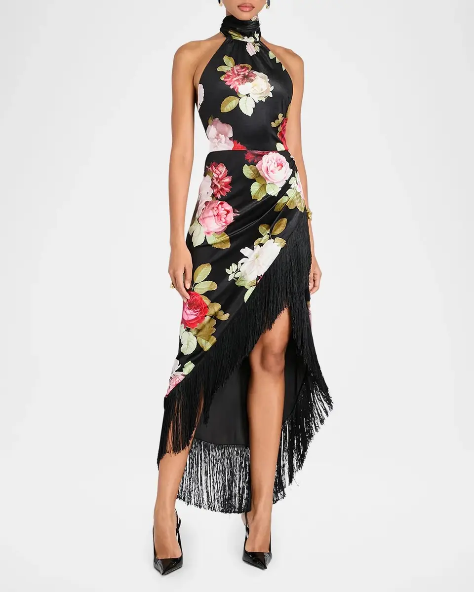 Retrofête Winrey Floral Velvet Fringe-Trim High-Low Dress | Thumbnail 2 Retrofête Winrey Floral Velvet Fringe-Trim High-Low Dress | Thumbnail 2