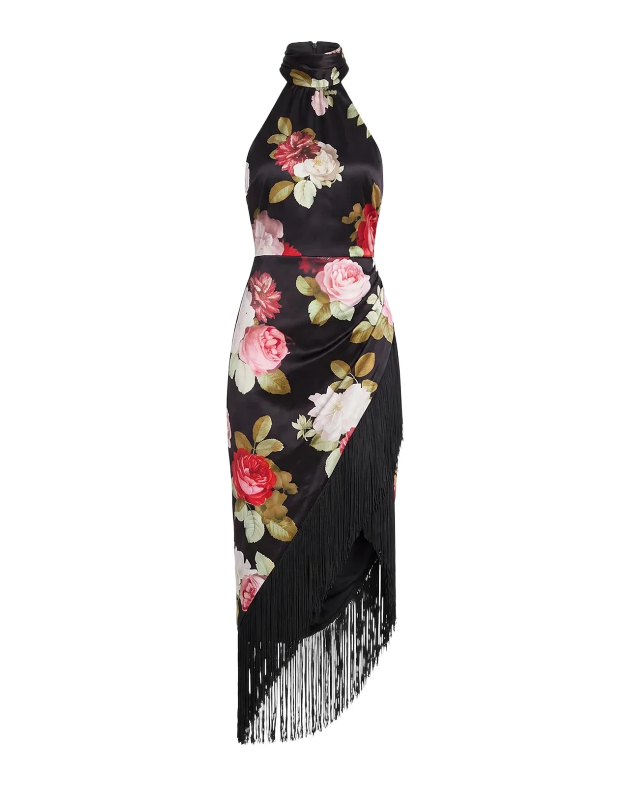 Winrey Floral Velvet Fringe-Trim High-Low Dress Winrey Floral Velvet Fringe-Trim High-Low Dress
