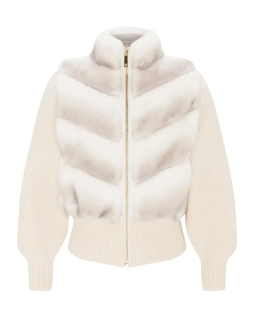 Faux-Fur Mink Jacket With Wool Knit Sleeves Faux-Fur Mink Jacket With Wool Knit Sleeves