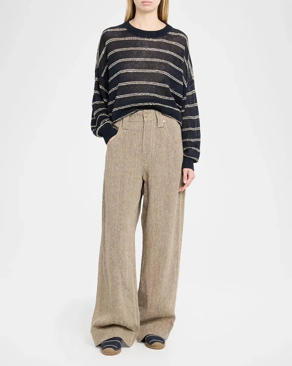 Brunello Cucinelli Linen Cotton Striped Knit Oversized Crewneck Sweater | Thumbnail 2