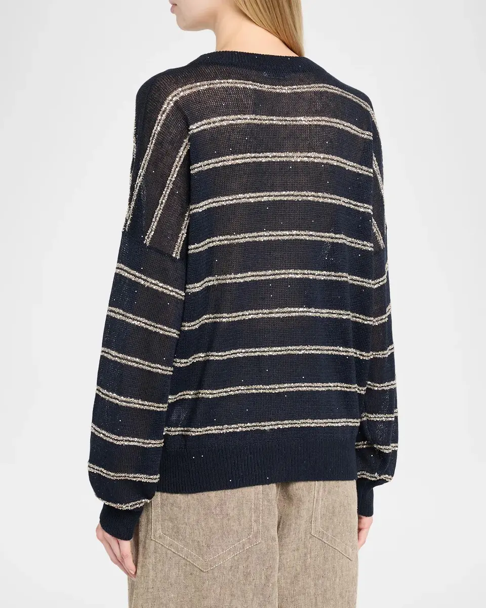 Brunello Cucinelli Linen Cotton Striped Knit Oversized Crewneck Sweater | Thumbnail 3