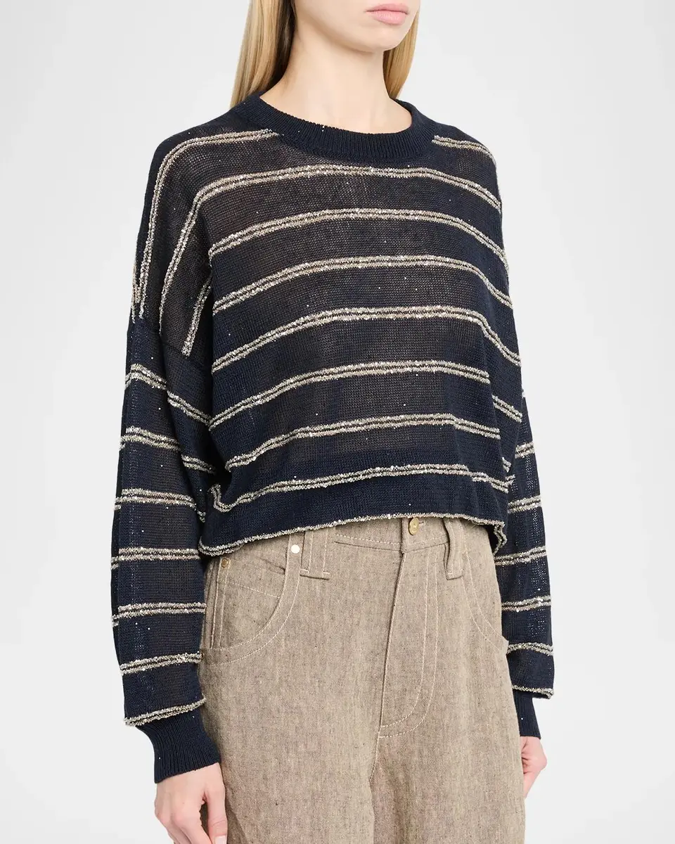 Brunello Cucinelli Linen Cotton Striped Knit Oversized Crewneck Sweater | Thumbnail 4