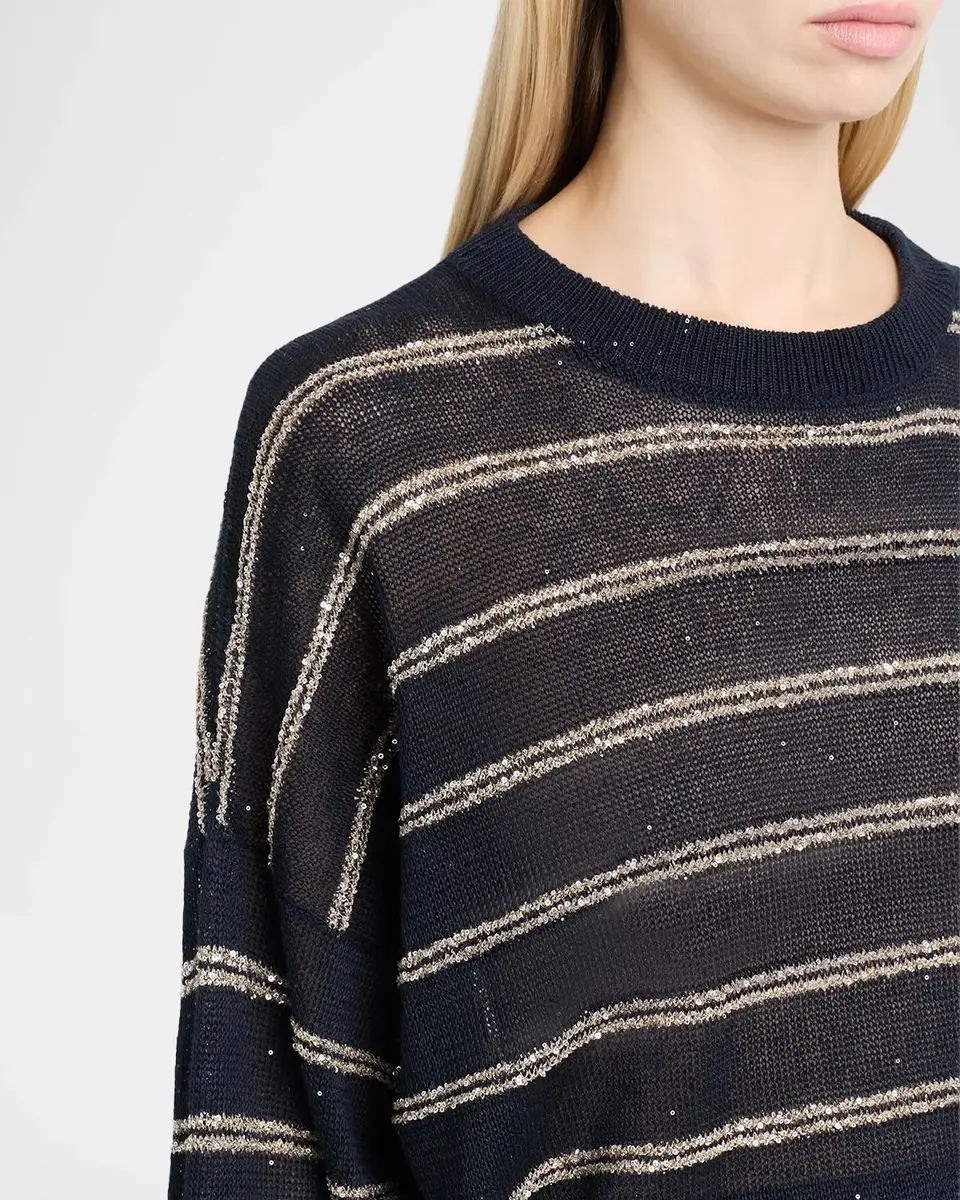Brunello Cucinelli Linen Cotton Striped Knit Oversized Crewneck Sweater | Thumbnail 5