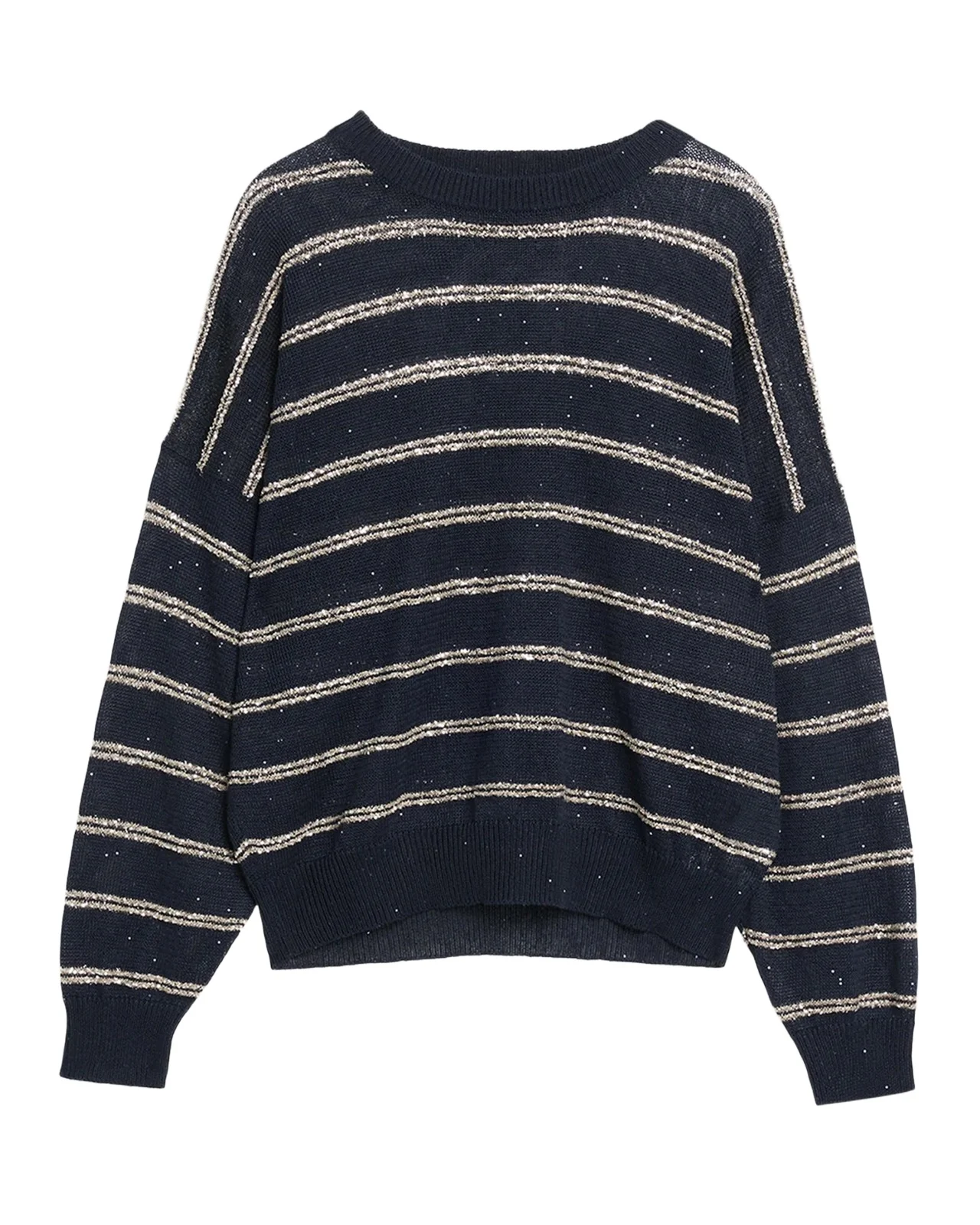 Brunello Cucinelli Linen Cotton Striped Knit Oversized Crewneck Sweater