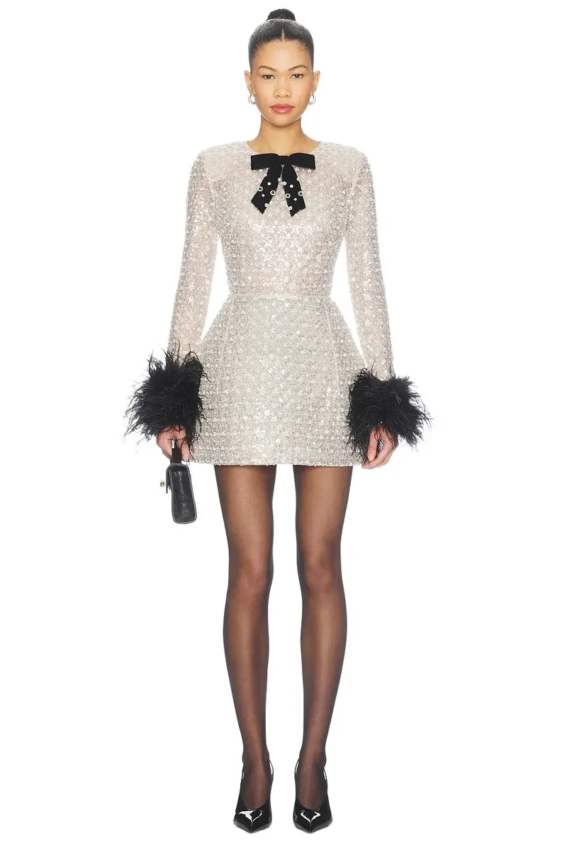 Bronx and Banco Long Sleeve Embellished Mini Dress With Feather Cuffs