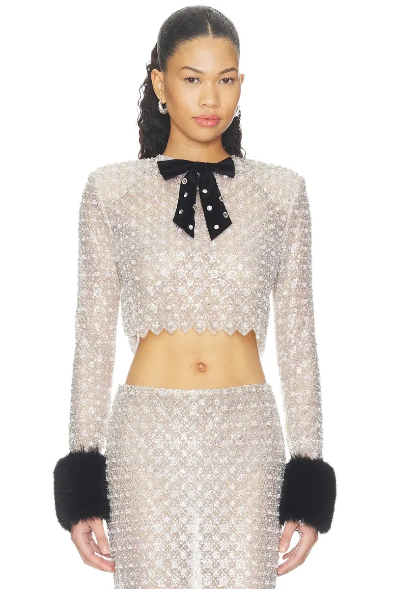 Bronx and Banco Embellished Crop Top With Faux Fur Cuffs