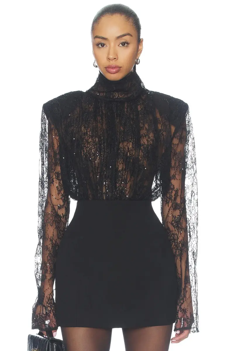 Bronx and Banco Sequin Lace Long Sleeve Bodysuit