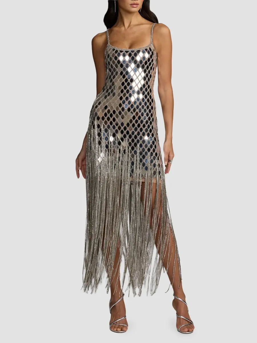 Mac Duggal Women's Geometric Mirror Beaded Fringe Midi Dress | Thumbnail 2 Mac Duggal Women's Geometric Mirror Beaded Fringe Midi Dress | Thumbnail 2