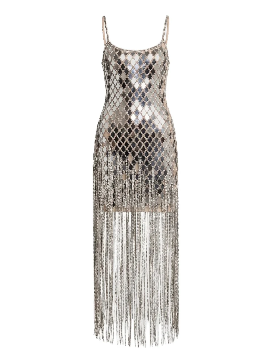 Women's Geometric Mirror Beaded Fringe Midi Dress Women's Geometric Mirror Beaded Fringe Midi Dress