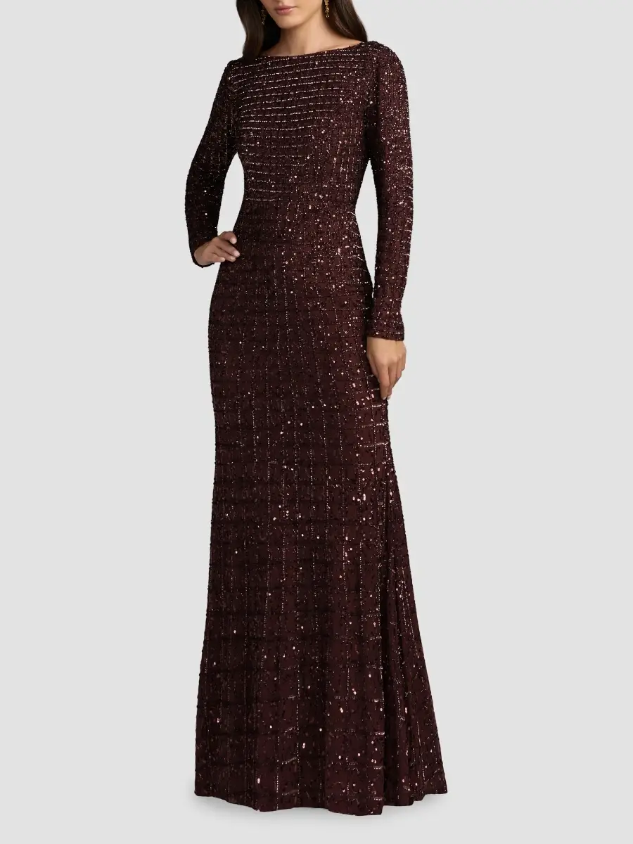 Mac Duggal Women's Grid Embellished Long-Sleeve Gown | Thumbnail 2 Mac Duggal Women's Grid Embellished Long-Sleeve Gown | Thumbnail 2