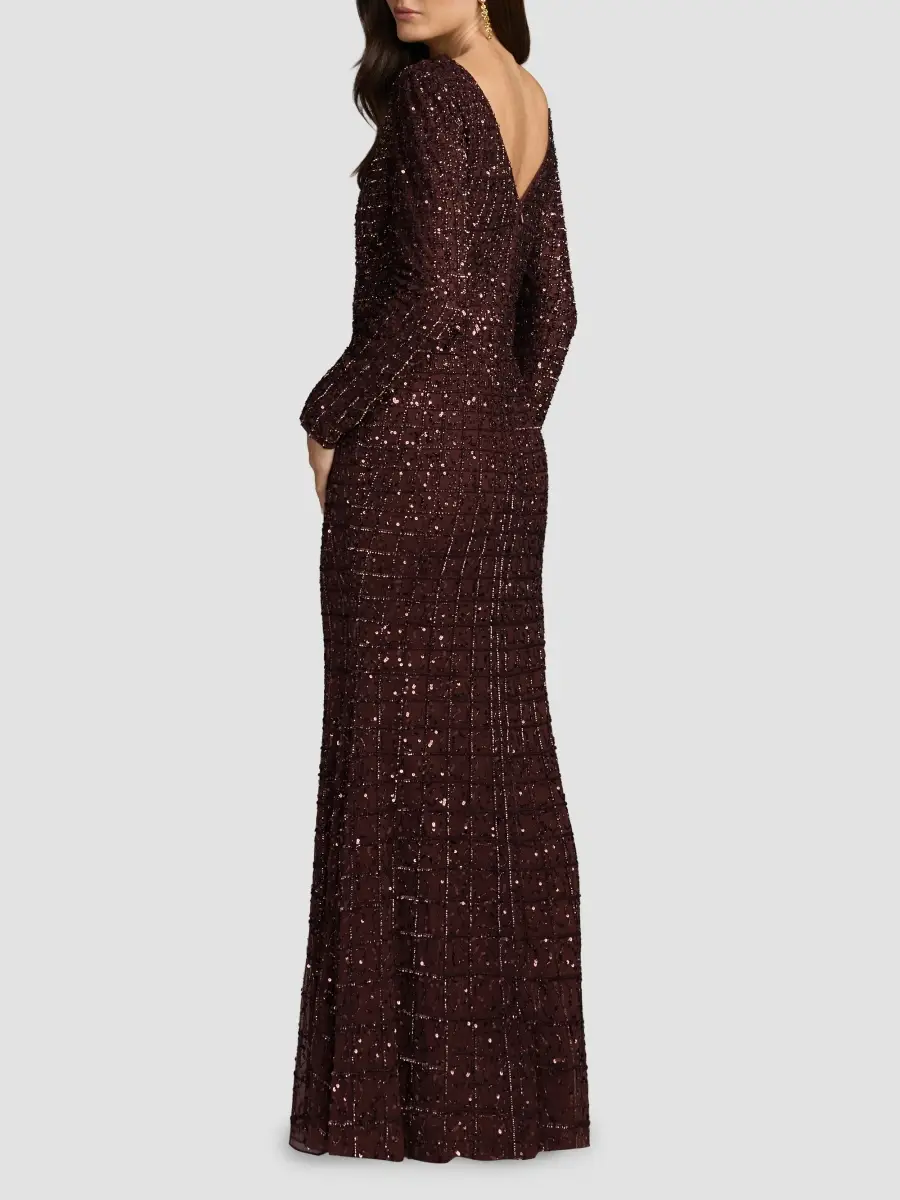 Mac Duggal Women's Grid Embellished Long-Sleeve Gown | Thumbnail 3 Mac Duggal Women's Grid Embellished Long-Sleeve Gown | Thumbnail 3