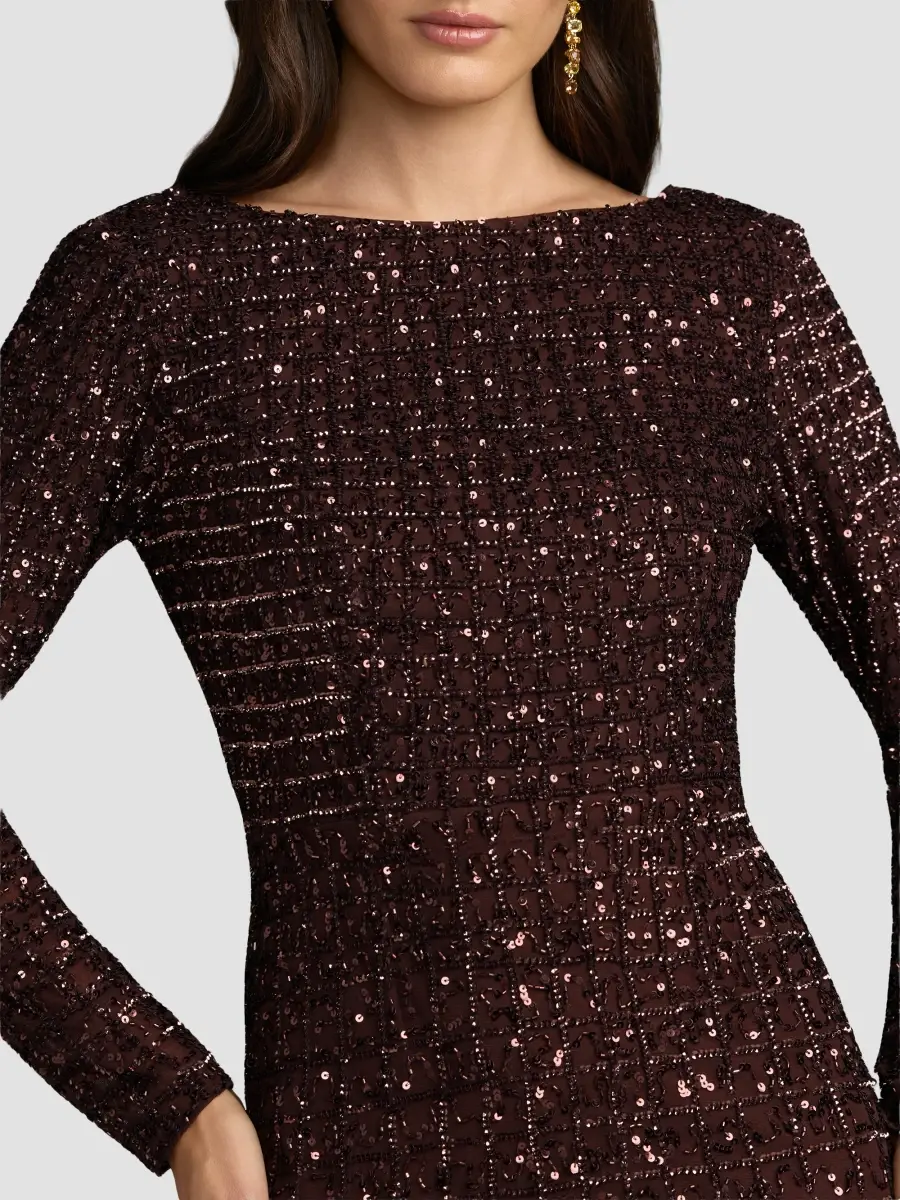 Mac Duggal Women's Grid Embellished Long-Sleeve Gown | Thumbnail 4 Mac Duggal Women's Grid Embellished Long-Sleeve Gown | Thumbnail 4