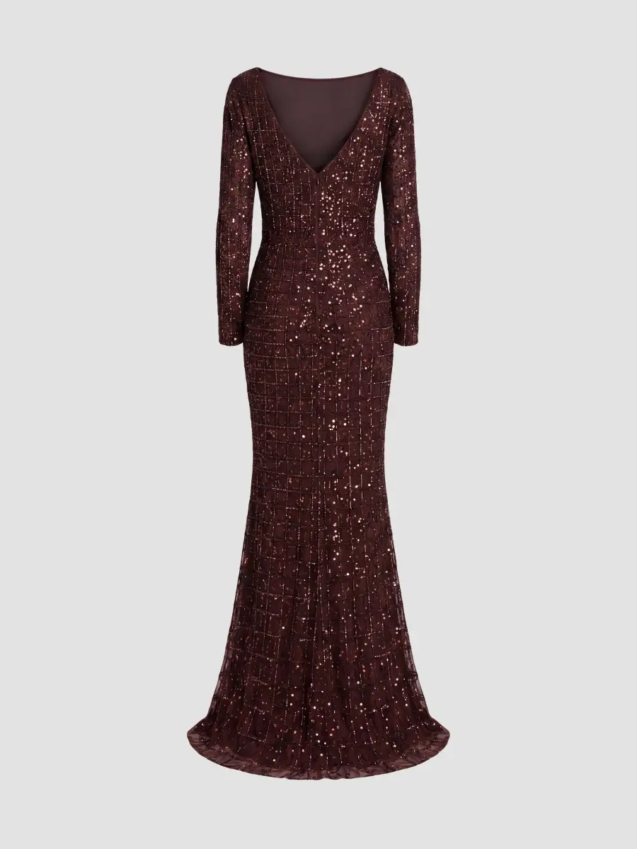Mac Duggal Women's Grid Embellished Long-Sleeve Gown | Thumbnail 5 Mac Duggal Women's Grid Embellished Long-Sleeve Gown | Thumbnail 5