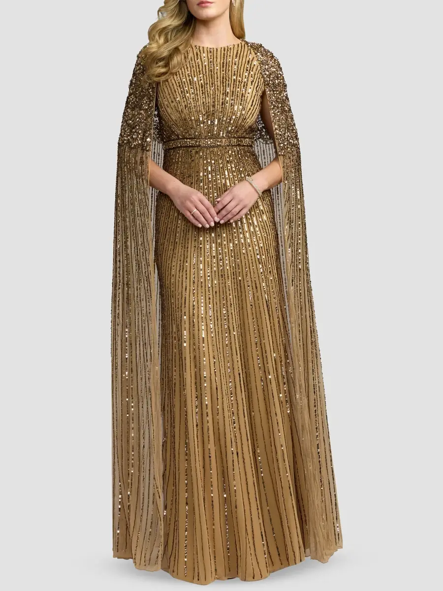 Mac Duggal Women's Beaded Mesh Cape-Sleeve Gown | Thumbnail 2
