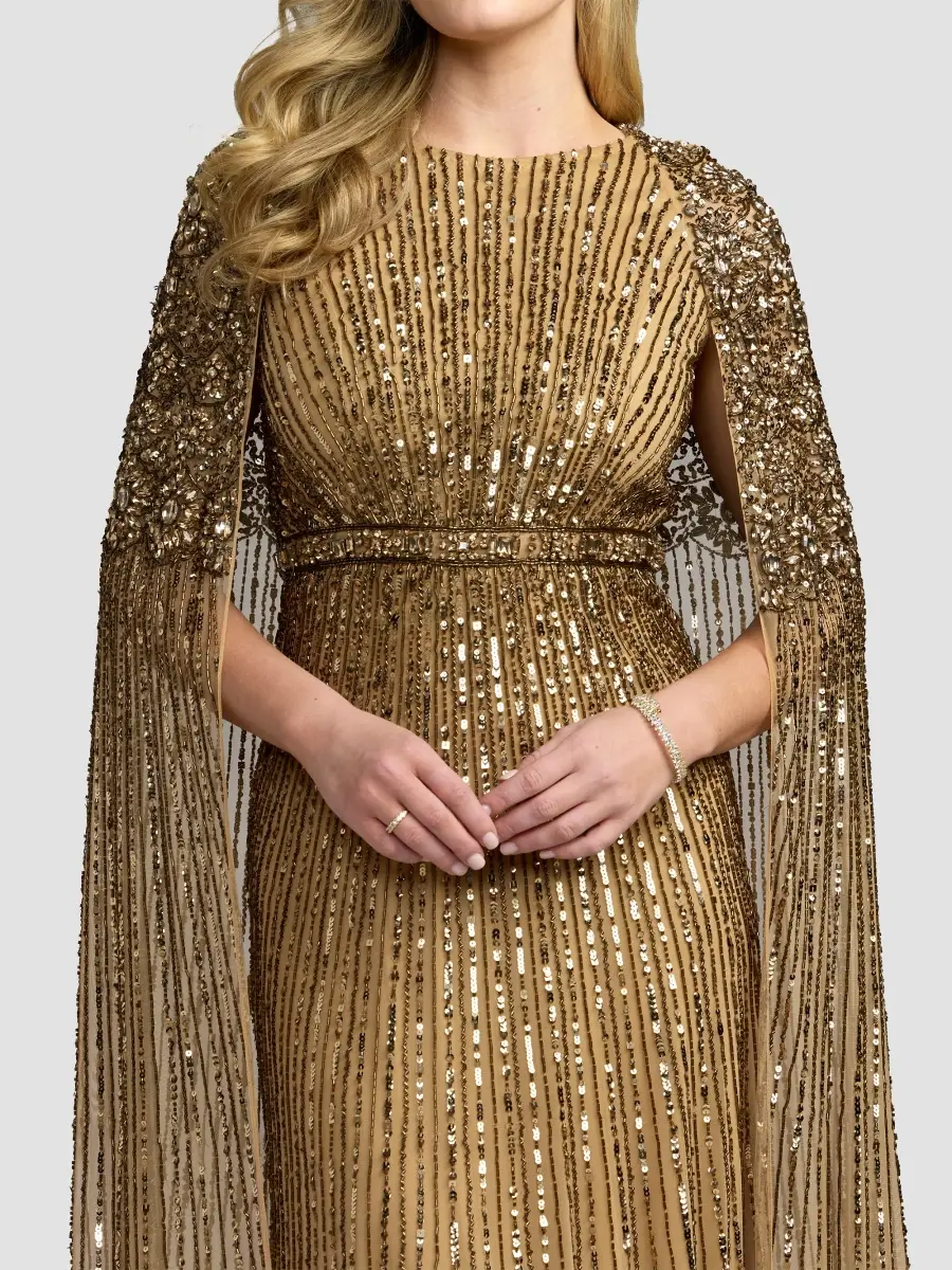 Mac Duggal Women's Beaded Mesh Cape-Sleeve Gown | Thumbnail 4