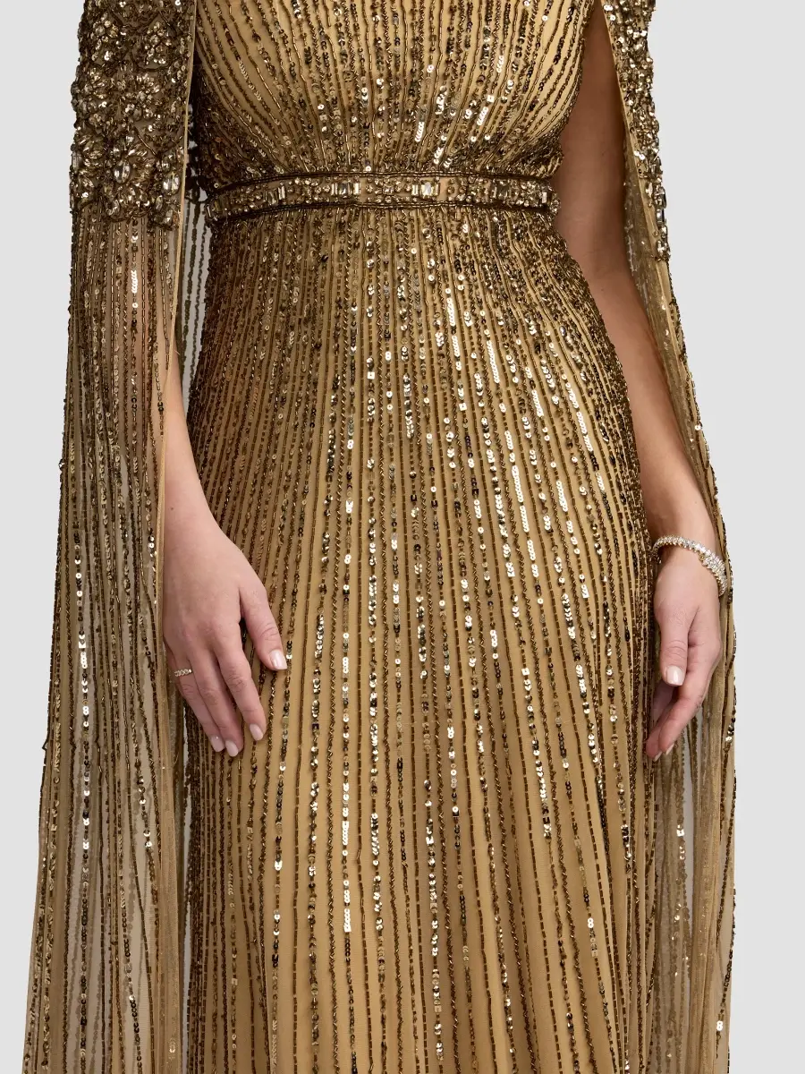 Mac Duggal Women's Beaded Mesh Cape-Sleeve Gown | Thumbnail 5