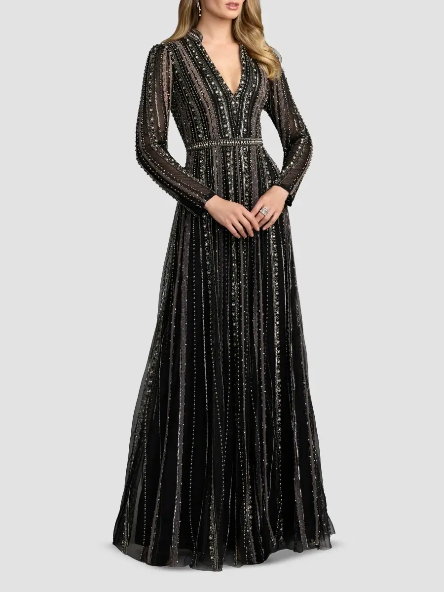 Mac Duggal Women's Embellished Mesh V-Neck Gown | Thumbnail 2 Mac Duggal Women's Embellished Mesh V-Neck Gown | Thumbnail 2