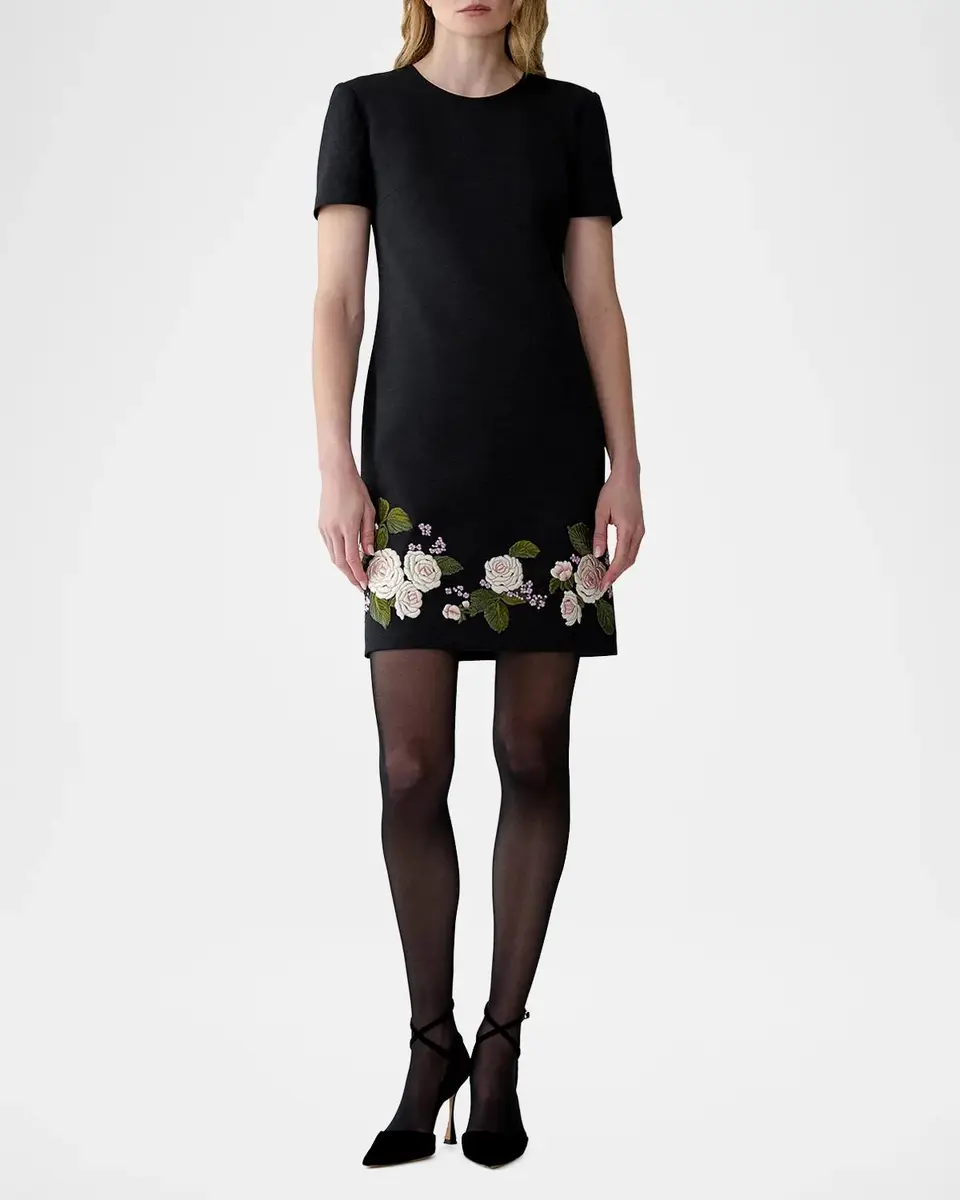 Carolina Herrera Floral Embroidered Wool Short-Sleeve Mini Dress | Thumbnail 2 Carolina Herrera Floral Embroidered Wool Short-Sleeve Mini Dress | Thumbnail 2